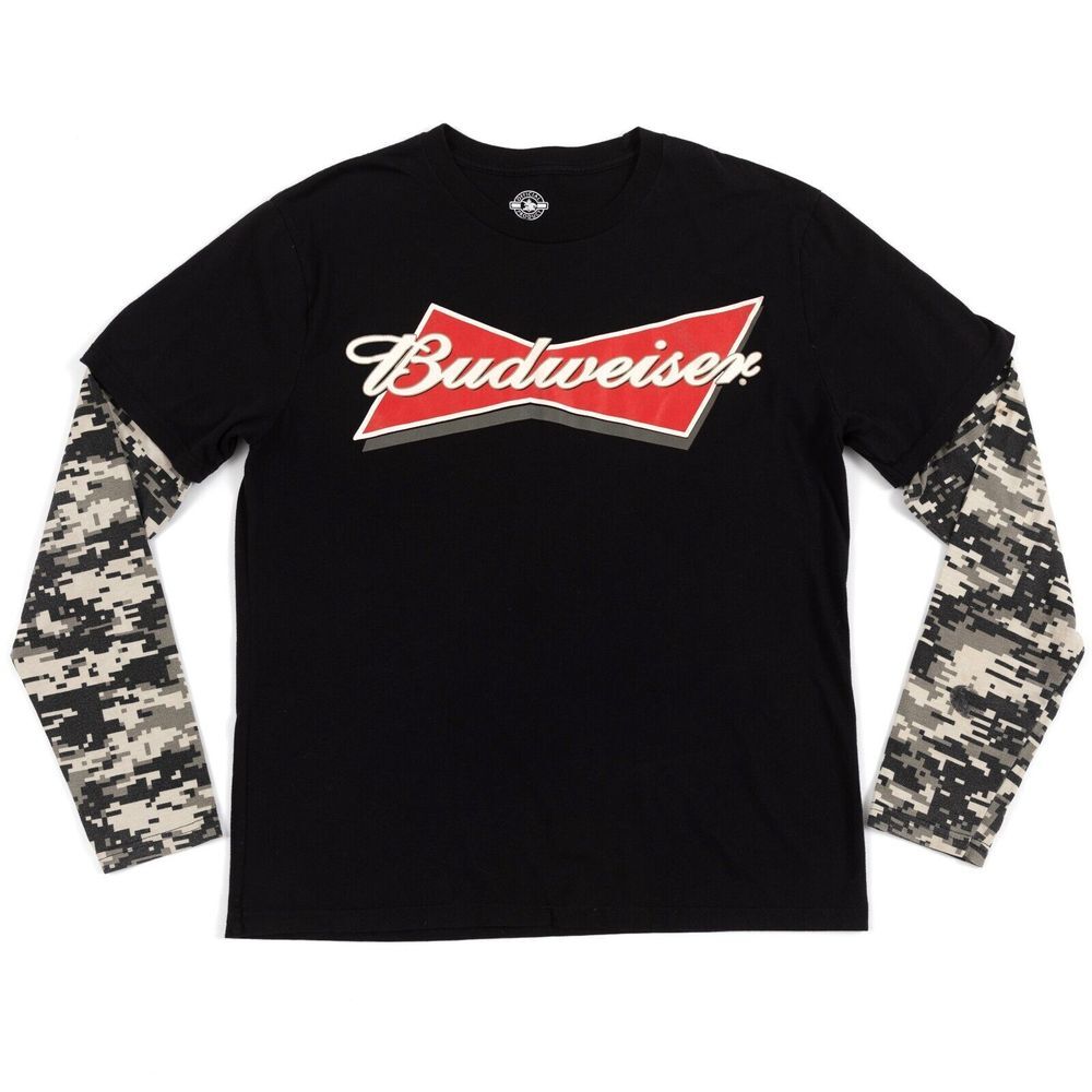 Mens Budweiser Beer 🍺 Logo Long Sleeve Digi Camo T-shirt Cotton Soft Black Sz L